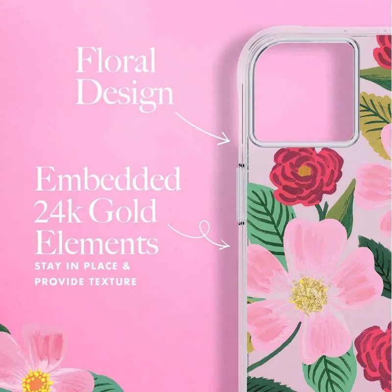 Rifle Paper Clear – permatomas dėklas su aukso spalvos dekoracija, skirtas „iPhone 14 Plus“ („Rose Garden“)