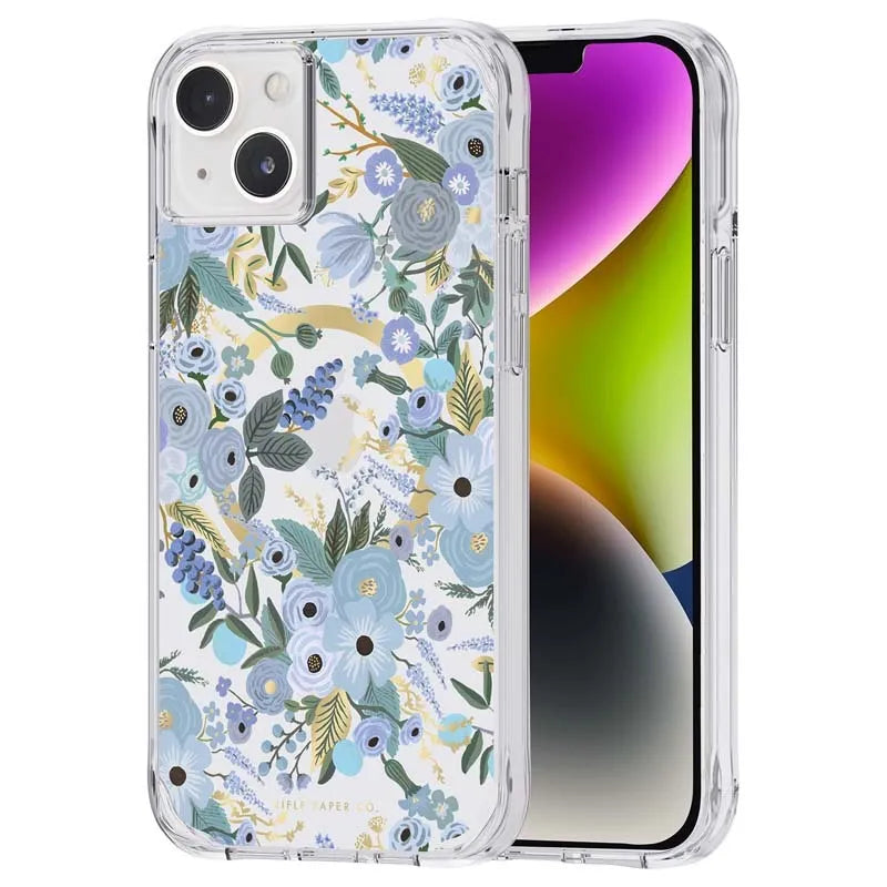 "Rifle Paper" permatomas "MagSafe" – „iPhone 14 Plus“ dėklas („Garden Party Blue“)