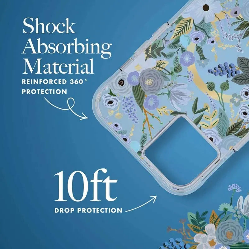 "Rifle Paper" permatomas "MagSafe" – „iPhone 14 Plus“ dėklas („Garden Party Blue“)