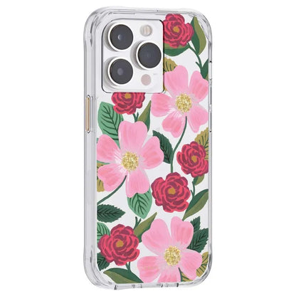 Rifle Paper skaidrus dėklas, dekoruotas auksu „iPhone 14 Pro Max“ (rožių sodas)