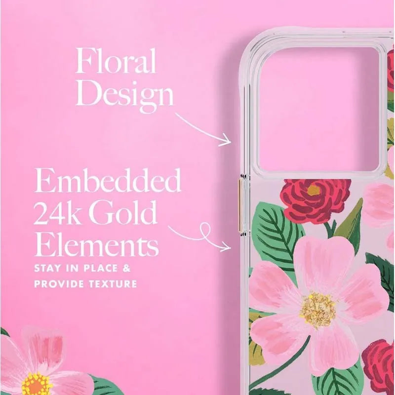 Rifle Paper skaidrus dėklas, dekoruotas auksu „iPhone 14 Pro Max“ (rožių sodas)
