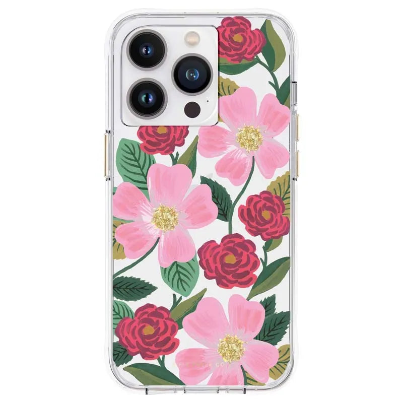 Rifle Paper skaidrus dėklas, dekoruotas auksu „iPhone 14 Pro Max“ (rožių sodas)