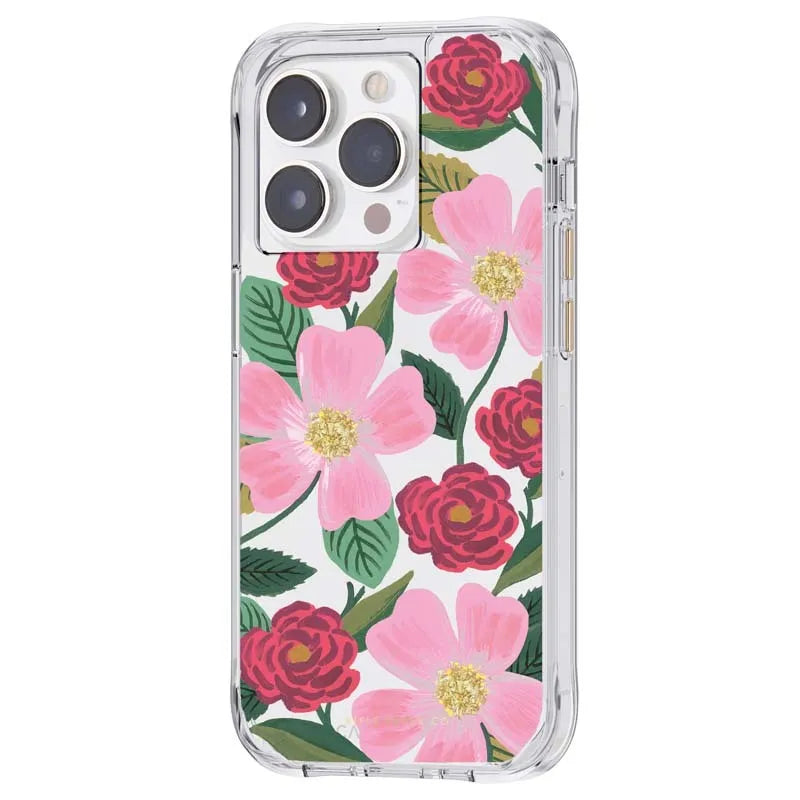 Rifle Paper skaidrus dėklas, dekoruotas auksu „iPhone 14 Pro Max“ (rožių sodas)