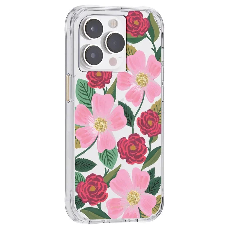 Rifle Paper skaidrus dėklas su aukso spalvos dekoracijomis, skirtas iPhone 14 Pro (Rose Galden)