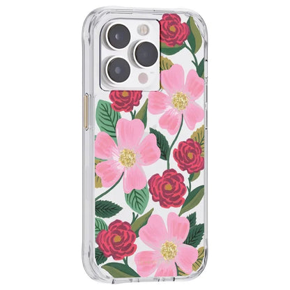 Rifle Paper skaidrus dėklas su aukso spalvos dekoracijomis, skirtas iPhone 14 Pro (Rose Galden)