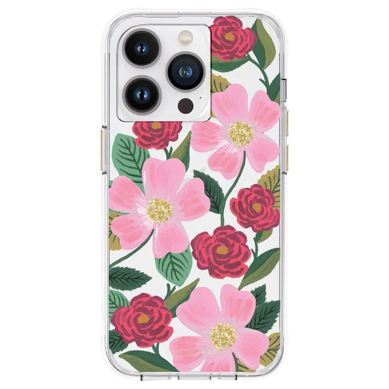 Rifle Paper skaidrus dėklas su aukso spalvos dekoracijomis, skirtas iPhone 14 Pro (Rose Galden)