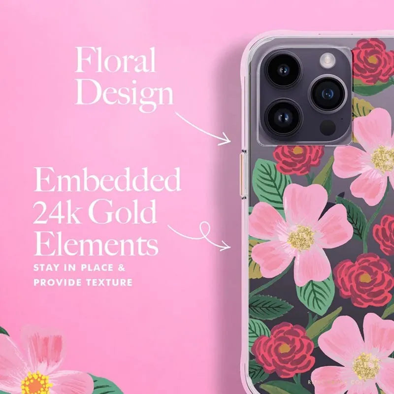 Rifle Paper skaidrus dėklas su aukso spalvos dekoracijomis, skirtas iPhone 14 Pro (Rose Galden)