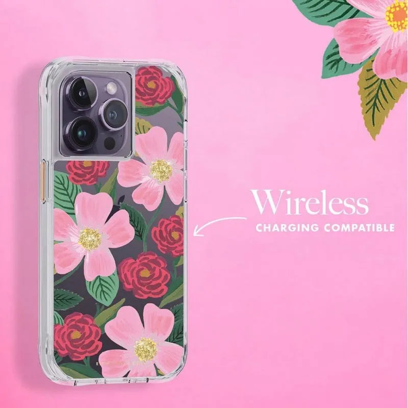 Rifle Paper skaidrus dėklas su aukso spalvos dekoracijomis, skirtas iPhone 14 Pro (Rose Galden)
