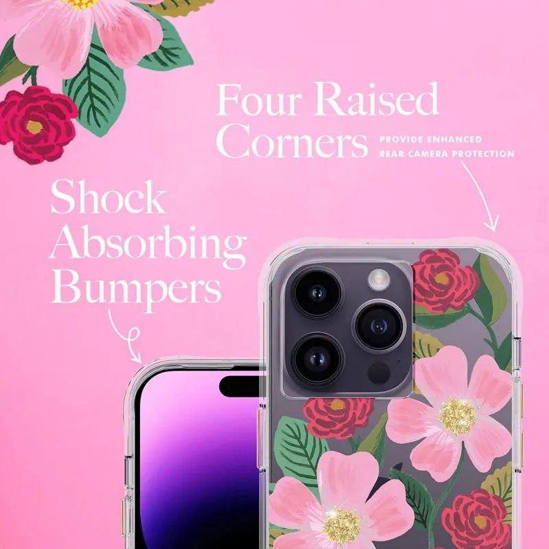 Rifle Paper skaidrus dėklas su aukso spalvos dekoracijomis, skirtas iPhone 14 Pro (Rose Galden)