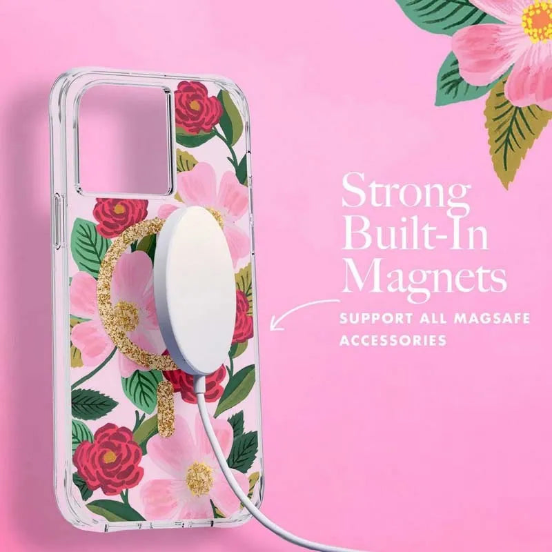 Rifle Paper skaidrus MagSafe dėklas, dekoruotas auksu, skirtas iPhone 14 Pro Max (rožių sodas)