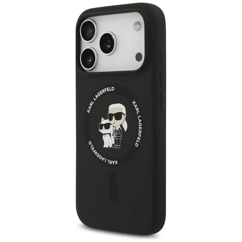 Silikoninis dėklas iPhone 17 Pro su Karl & Choupette žiedu MagSafe (juodas) - Karl Lagerfeld