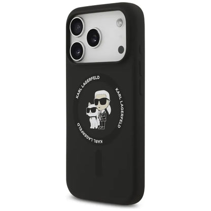 Silikoninis dėklas iPhone 17 Pro su Karl & Choupette žiedu MagSafe (juodas) - Karl Lagerfeld