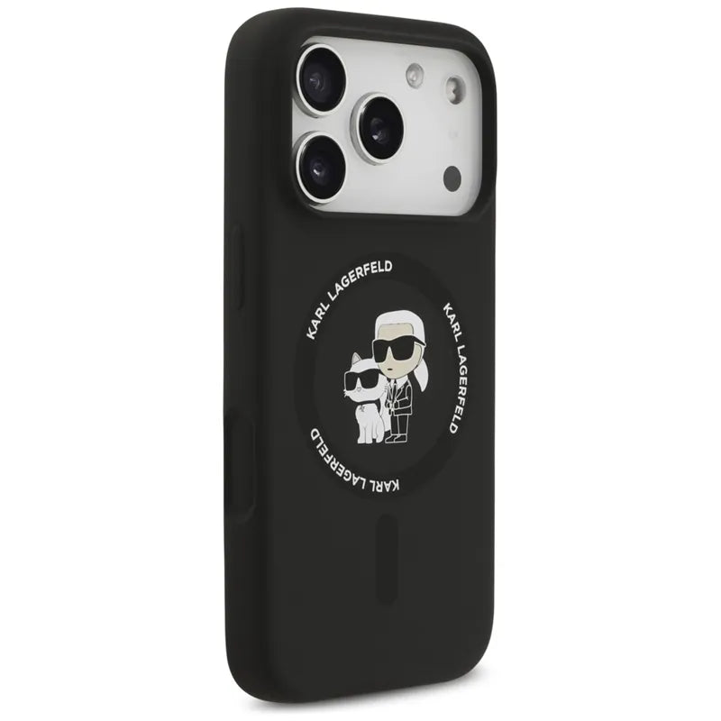 Silikoninis dėklas iPhone 17 Pro su Karl & Choupette žiedu MagSafe (juodas) - Karl Lagerfeld