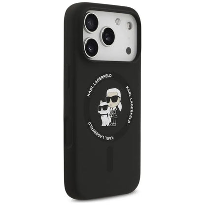 Silikoninis dėklas iPhone 17 Pro su Karl & Choupette žiedu MagSafe (juodas) - Karl Lagerfeld