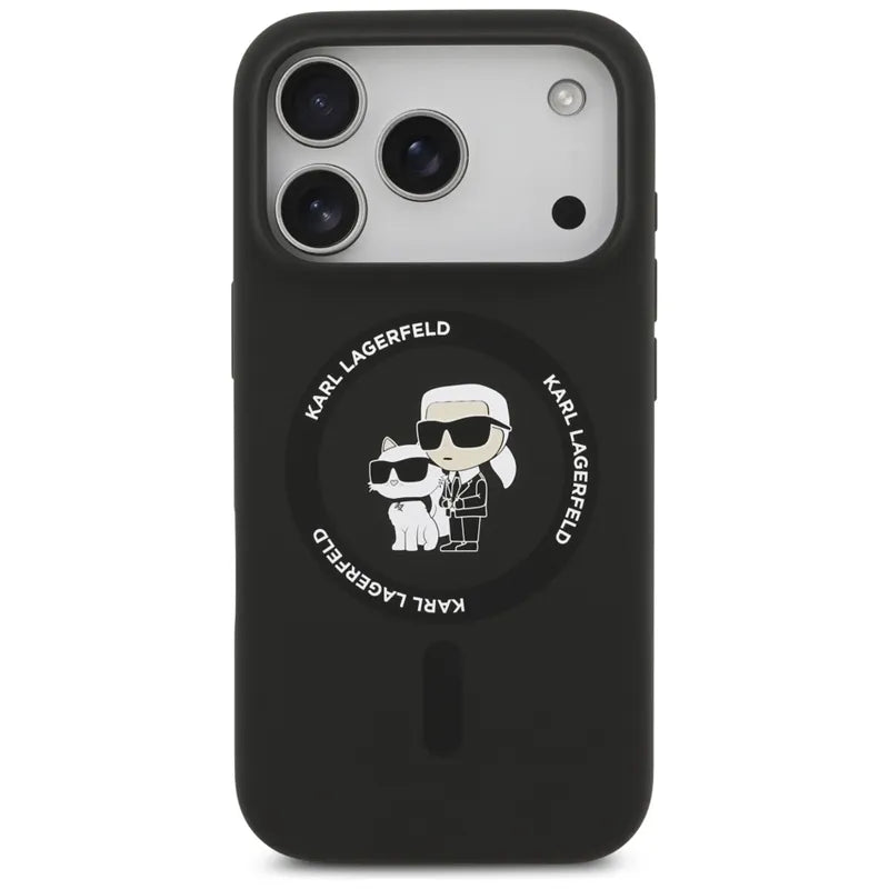 Silikoninis dėklas iPhone 17 Pro su Karl & Choupette žiedu MagSafe (juodas) - Karl Lagerfeld