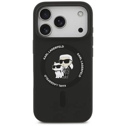 Silikoninis dėklas iPhone 17 Pro su Karl & Choupette žiedu MagSafe (juodas) - Karl Lagerfeld