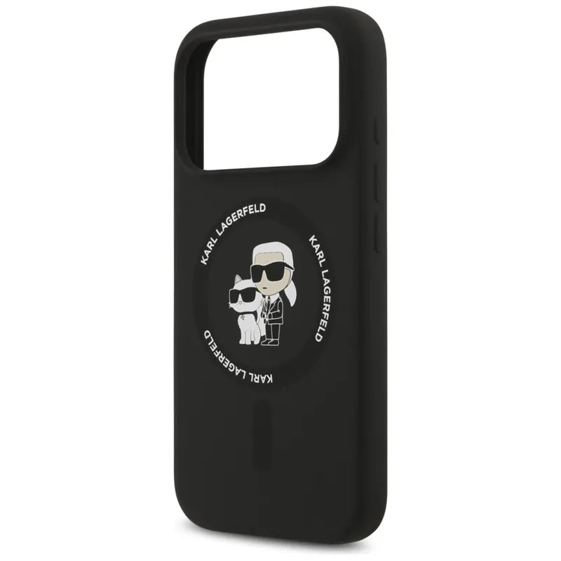 Silikoninis dėklas iPhone 17 Pro su Karl & Choupette žiedu MagSafe (juodas) - Karl Lagerfeld