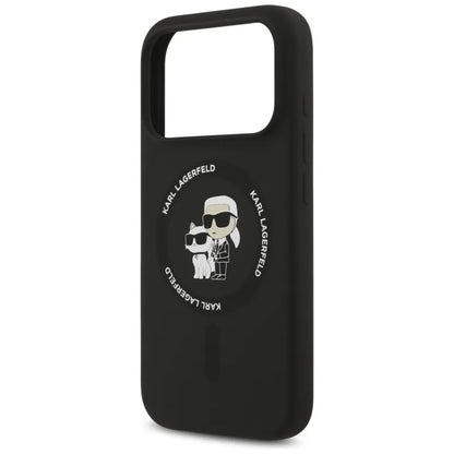 Silikoninis dėklas iPhone 17 Pro su Karl & Choupette žiedu MagSafe (juodas) - Karl Lagerfeld