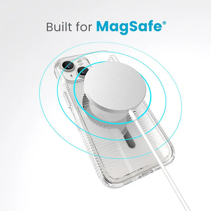Speck Gemshell Grip + MagSafe - dėklas iPhone 17e / 16e / 15 / 14 / 13 (Skaidri / Chromo apdaila)