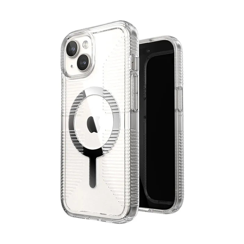 Speck Gemshell Grip + MagSafe - dėklas iPhone 17e / 16e / 15 / 14 / 13 (Skaidri / Chromo apdaila)