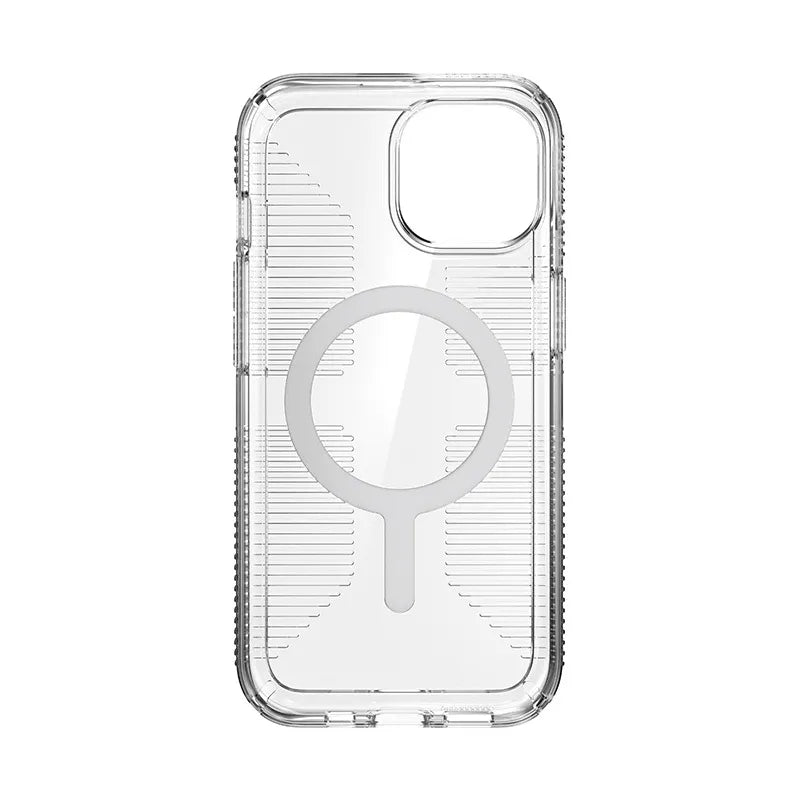 Speck Gemshell Grip + MagSafe - dėklas iPhone 17e / 16e / 15 / 14 / 13 (Skaidri / Chromo apdaila)
