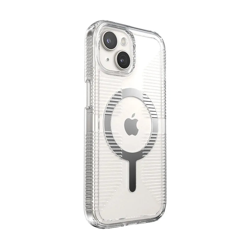Speck Gemshell Grip + MagSafe - dėklas iPhone 17e / 16e / 15 / 14 / 13 (Skaidri / Chromo apdaila)