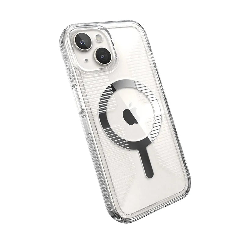 Speck Gemshell Grip + MagSafe - dėklas iPhone 17e / 16e / 15 / 14 / 13 (Skaidri / Chromo apdaila)