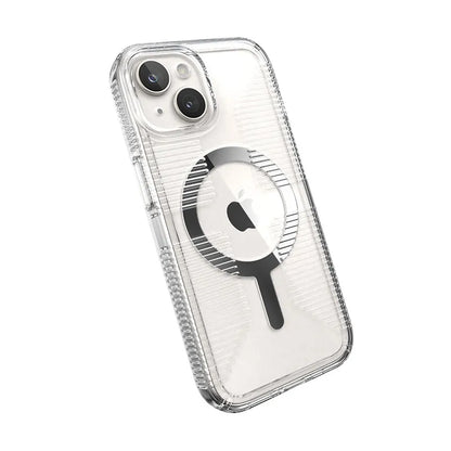 Speck Gemshell Grip + MagSafe - dėklas iPhone 17e / 16e / 15 / 14 / 13 (Skaidri / Chromo apdaila)