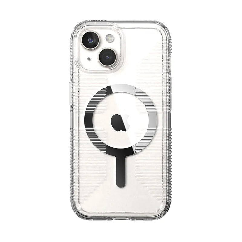 Speck Gemshell Grip + MagSafe - dėklas iPhone 17e / 16e / 15 / 14 / 13 (Skaidri / Chromo apdaila)