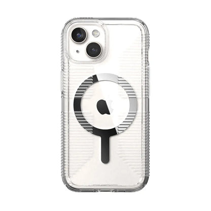 Speck Gemshell Grip + MagSafe - dėklas iPhone 17e / 16e / 15 / 14 / 13 (Skaidri / Chromo apdaila)