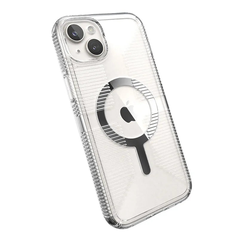 Speck Gemshell Grip + MagSafe – dėklas, skirtas iPhone 15 Plus / iPhone 14 Plus (skaidrus / chromo apdaila)