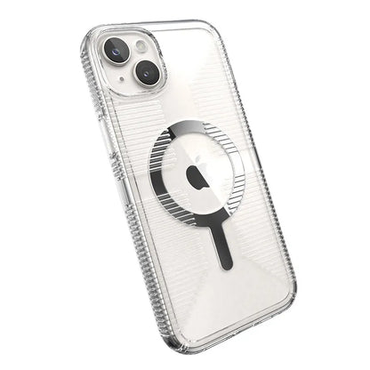 Speck Gemshell Grip + MagSafe – dėklas, skirtas iPhone 15 Plus / iPhone 14 Plus (skaidrus / chromo apdaila)