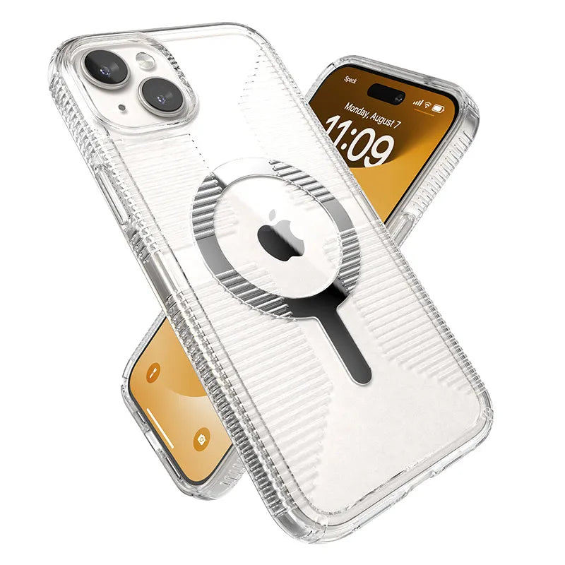 Speck Gemshell Grip + MagSafe – dėklas, skirtas iPhone 15 Plus / iPhone 14 Plus (skaidrus / chromo apdaila)