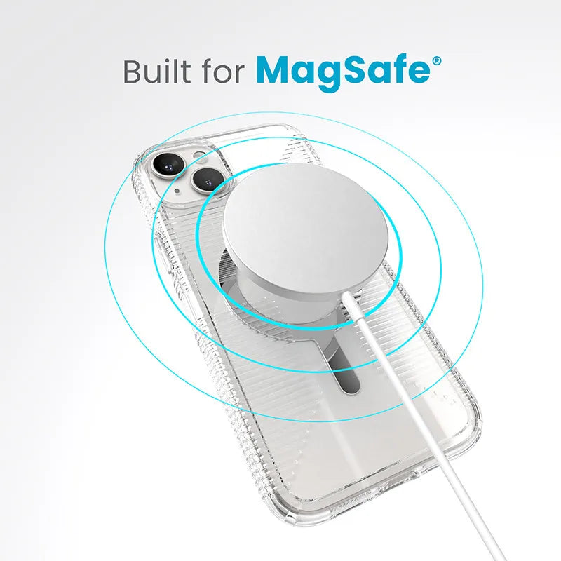 Speck Gemshell Grip + MagSafe – dėklas, skirtas iPhone 15 Plus / iPhone 14 Plus (skaidrus / chromo apdaila)