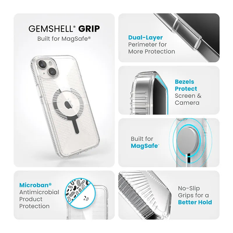 Speck Gemshell Grip + MagSafe – dėklas, skirtas iPhone 15 Plus / iPhone 14 Plus (skaidrus / chromo apdaila)