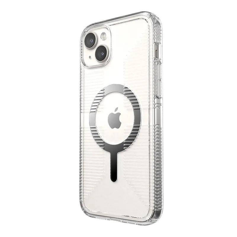 Speck Gemshell Grip + MagSafe – dėklas, skirtas iPhone 15 Plus / iPhone 14 Plus (skaidrus / chromo apdaila)