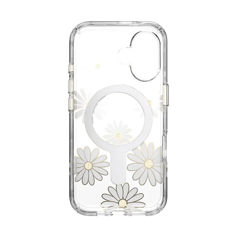 Speck Presidio Lux ClickLock & MagSafe – iPhone 16 dėklas (Saulėgrąžų ramunėlės / Skaidrus / Auksas)