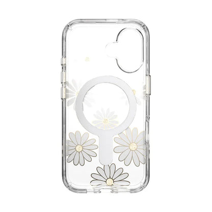 Speck Presidio Lux ClickLock & MagSafe – iPhone 16 dėklas (Saulėgrąžų ramunėlės / Skaidrus / Auksas)