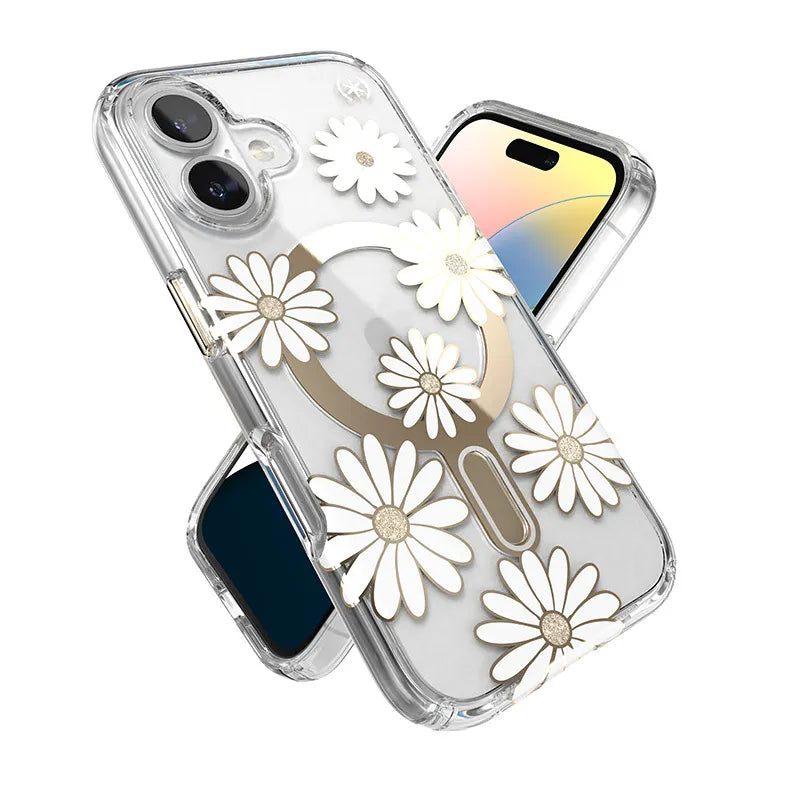 Speck Presidio Lux ClickLock & MagSafe – iPhone 16 dėklas (Saulėgrąžų ramunėlės / Skaidrus / Auksas)