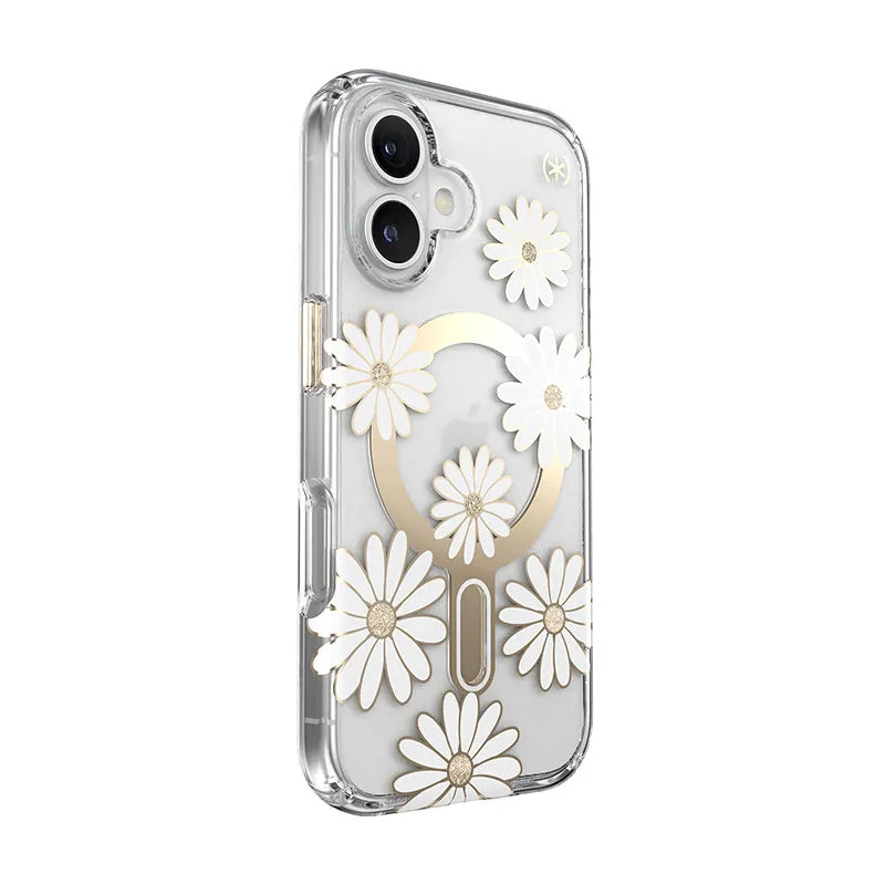 Speck Presidio Lux ClickLock & MagSafe – iPhone 16 dėklas (Saulėgrąžų ramunėlės / Skaidrus / Auksas)