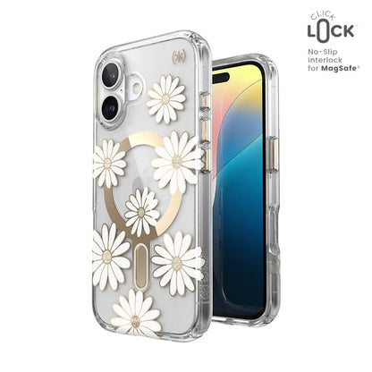Speck Presidio Lux ClickLock & MagSafe – iPhone 16 dėklas (Saulėgrąžų ramunėlės / Skaidrus / Auksas)