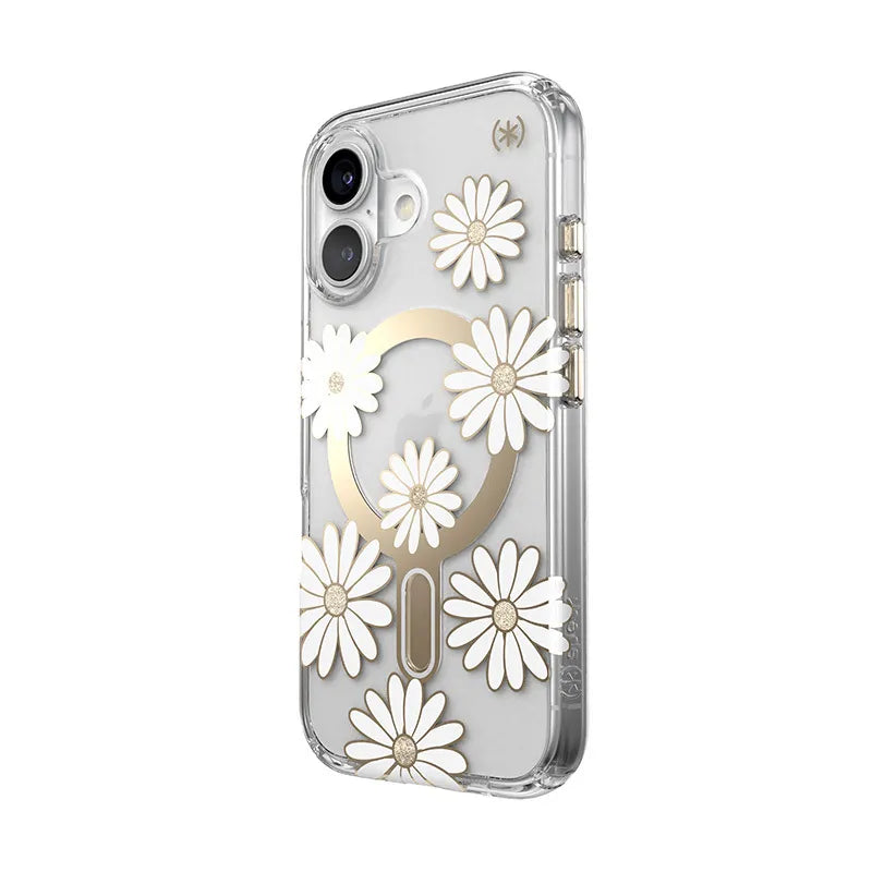 Speck Presidio Lux ClickLock & MagSafe – iPhone 16 dėklas (Saulėgrąžų ramunėlės / Skaidrus / Auksas)
