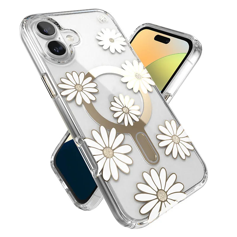 Speck Presidio Lux ClickLock & MagSafe – iPhone 16 Plus dėklas (Sunshine Daisies / Skaidrus / Auksas)