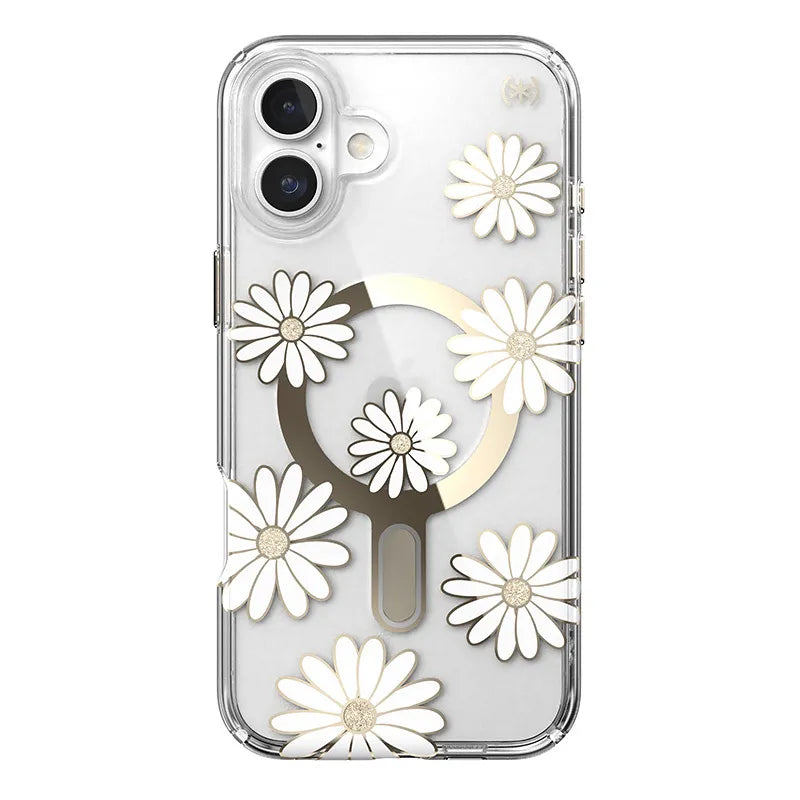 Speck Presidio Lux ClickLock & MagSafe – iPhone 16 Plus dėklas (Sunshine Daisies / Skaidrus / Auksas)