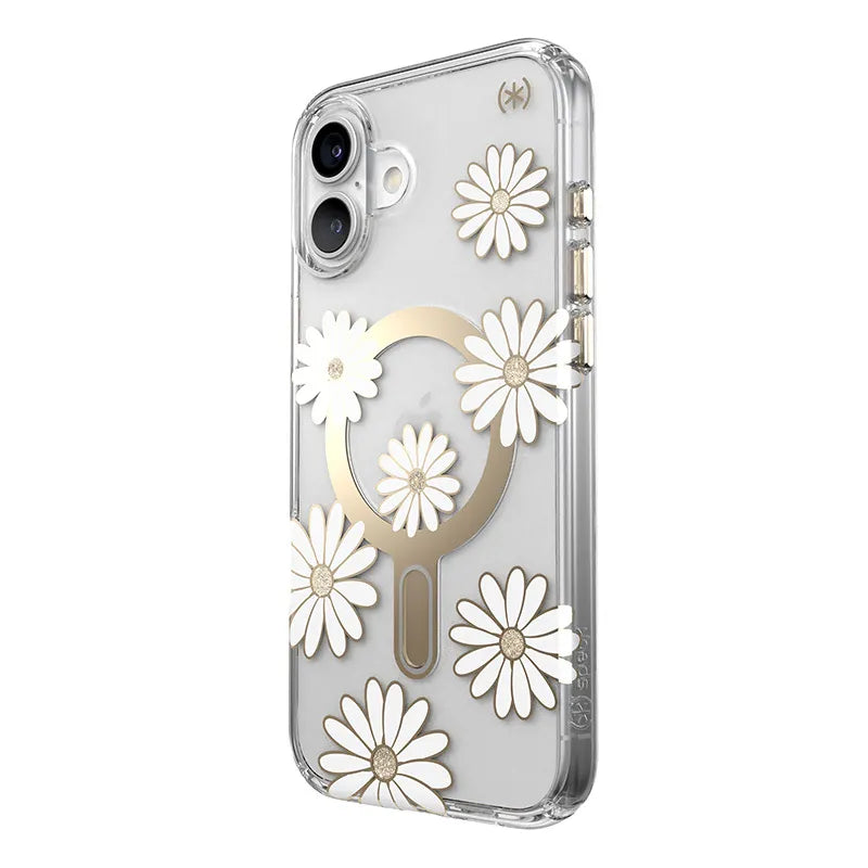Speck Presidio Lux ClickLock & MagSafe – iPhone 16 Plus dėklas (Sunshine Daisies / Skaidrus / Auksas)