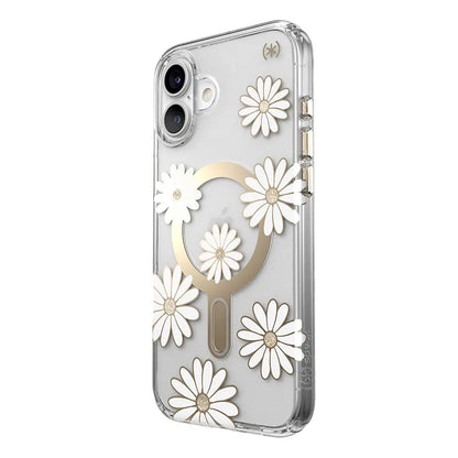 Speck Presidio Lux ClickLock & MagSafe – iPhone 16 Plus dėklas (Sunshine Daisies / Skaidrus / Auksas)