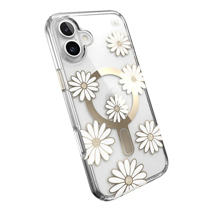 Speck Presidio Lux ClickLock & MagSafe – iPhone 16 Plus dėklas (Sunshine Daisies / Skaidrus / Auksas)