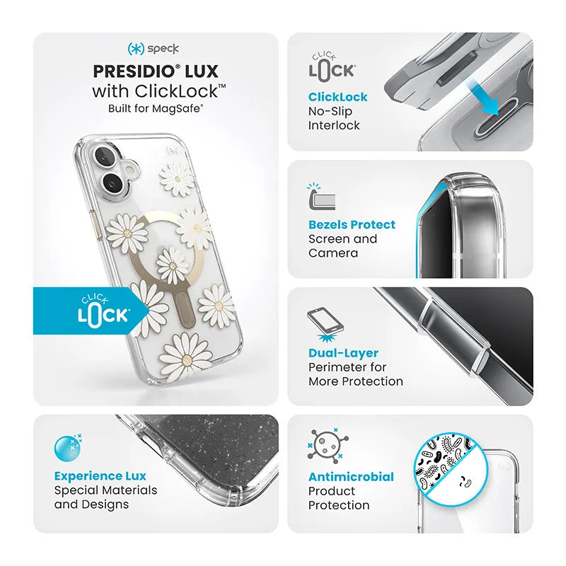 Speck Presidio Lux ClickLock & MagSafe – iPhone 16 Plus dėklas (Sunshine Daisies / Skaidrus / Auksas)