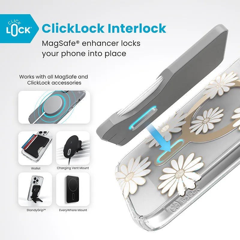 Speck Presidio Lux ClickLock & MagSafe – iPhone 16 Plus dėklas (Sunshine Daisies / Skaidrus / Auksas)