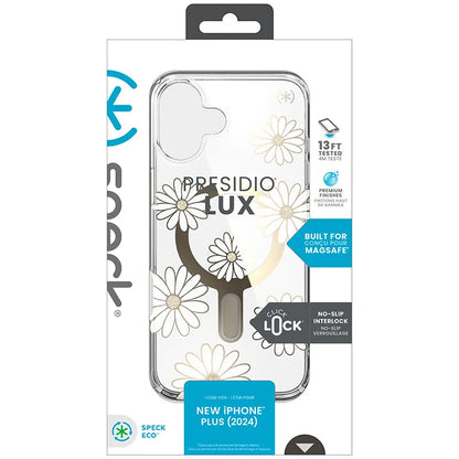 Speck Presidio Lux ClickLock & MagSafe – iPhone 16 Plus dėklas (Sunshine Daisies / Skaidrus / Auksas)